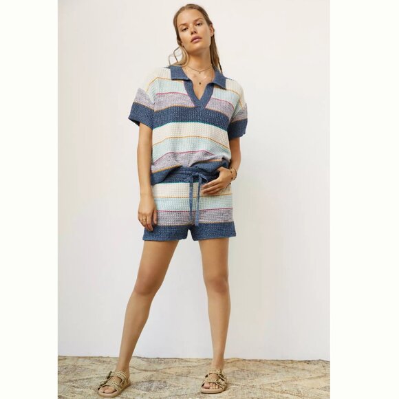 Anthropologie Knit Polo Top Nautical Boho Coastal Cowgirl Oversized Relaxed Fit - Picture 4 of 10